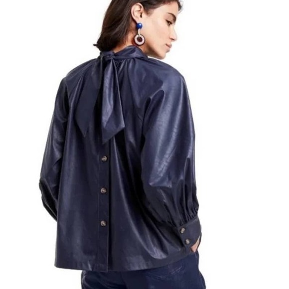 Rachel Comey Tops - NEW Rachel Comey Target Blue Faux Leather Mock Tie Neck Back Button Top Size XXS
